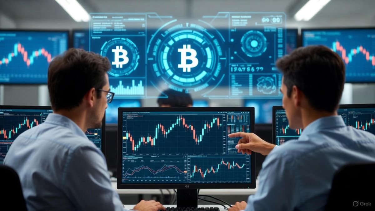 Two analytics checking chart of bitcoin